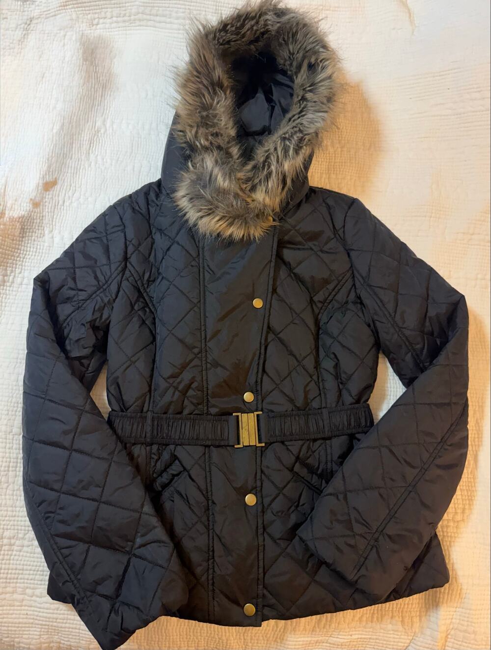 EXPRESS Women’s Black Diamond Quilted Belted Puffer Jacket Faux Fur Hood Med